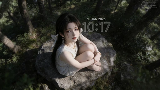 Girl Sitting Quietly on a Forest Rock