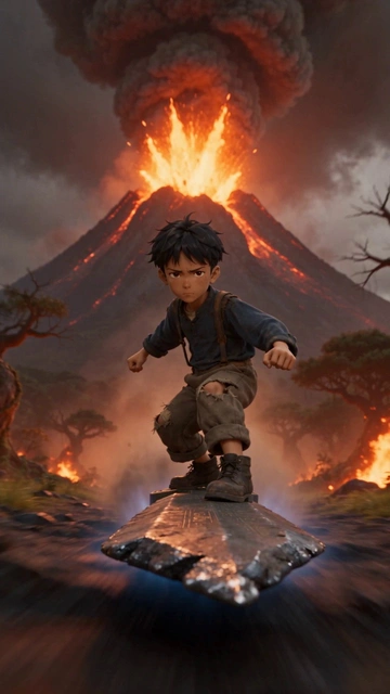 Boy on Hoverboard Before Volcano Eruption