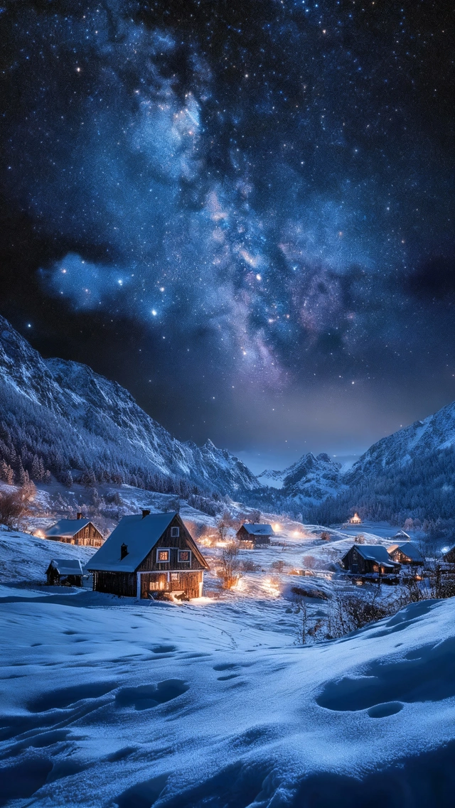 Snowy Mountain Village Under the Stars