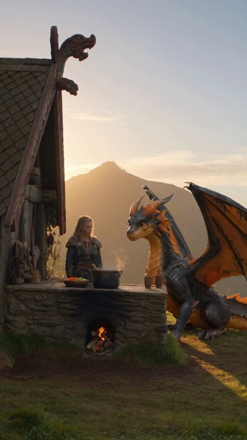 Girl and Dragon by the Mountain Cabin