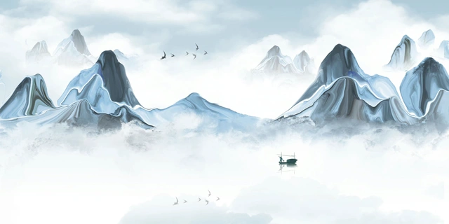 Ink Blue Mountains and Fishing Boat