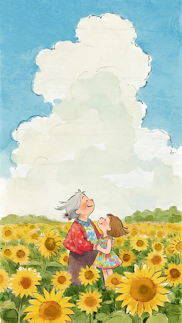 Grandmother and Child in the Sunflower Field