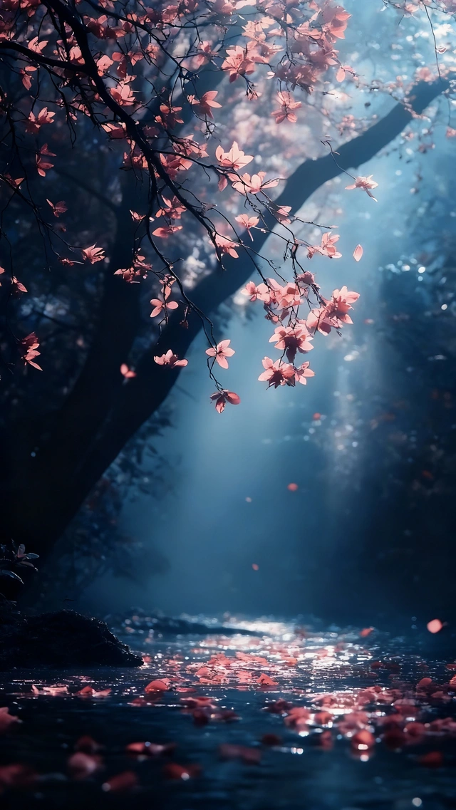 Pink Blossoms over a Misty Stream