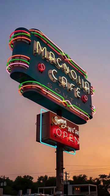 Neon Cafe Sign at Dusk