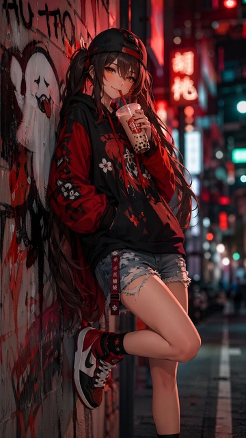 Neon Alley Girl with Bubble Tea