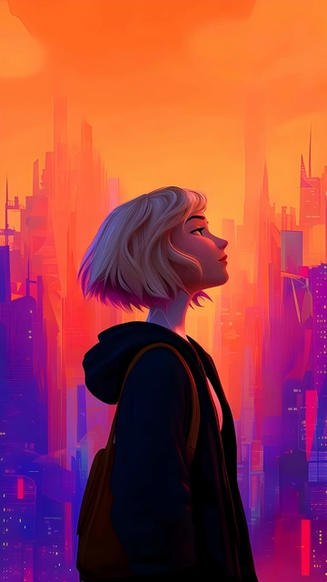 Silhouette Girl in Neon City