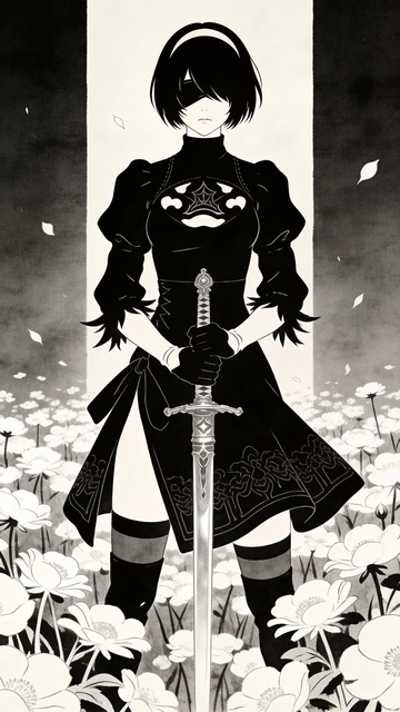 Blindfolded Swordswoman in a Sea of Flowers