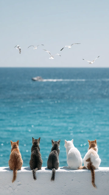 Five Cats Watching the Sea