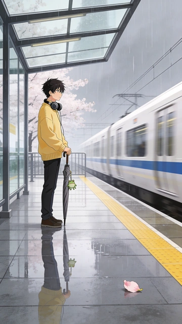 Boy on a Rainy Train Platform
