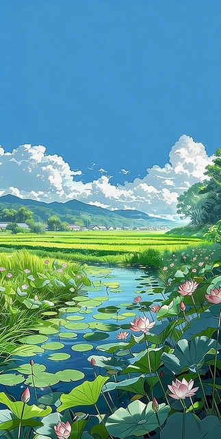 Summer Countryside and Lotus Pond