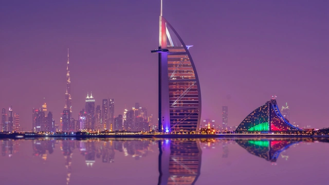 Dubai Waterfront Skyline in Purple Night