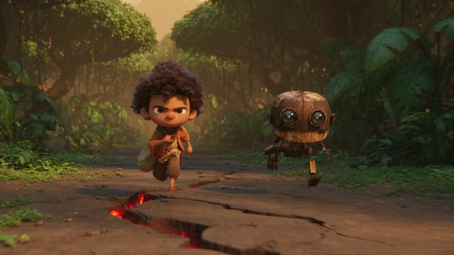 Boy and Robot Running Through the Jungle