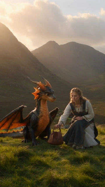 Girl and Young Dragon in the Valley