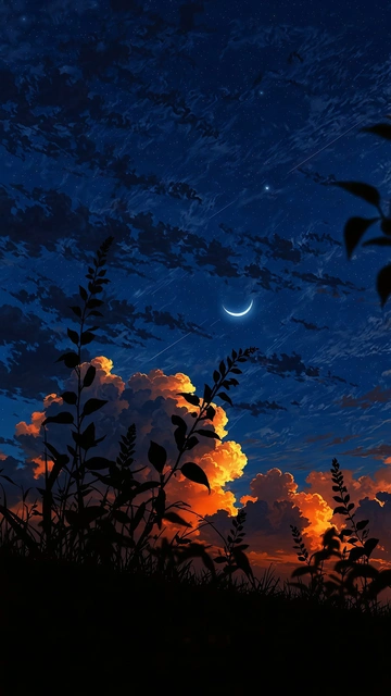 Crescent Moon over Fiery Clouds